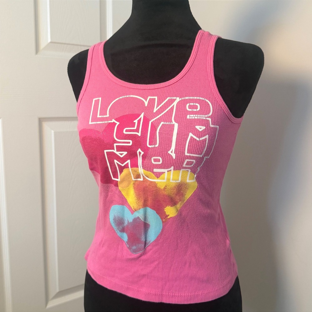 Y2K Faded Glory Love Summer Tank Top Pink Hearts VTG Cropped Size XS Glitter